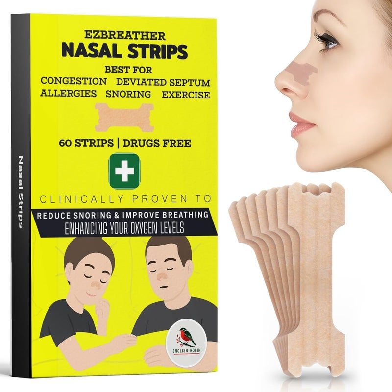 Nasal Strips x60 Nose Strips for Breathing, Snoring Aids for Men and Women, Sports, Exercise, Workout, Yoga, Nasal dilators, Anti Snoring Devices (Large)- 60 Pack Two month's Supply - Tan Colour